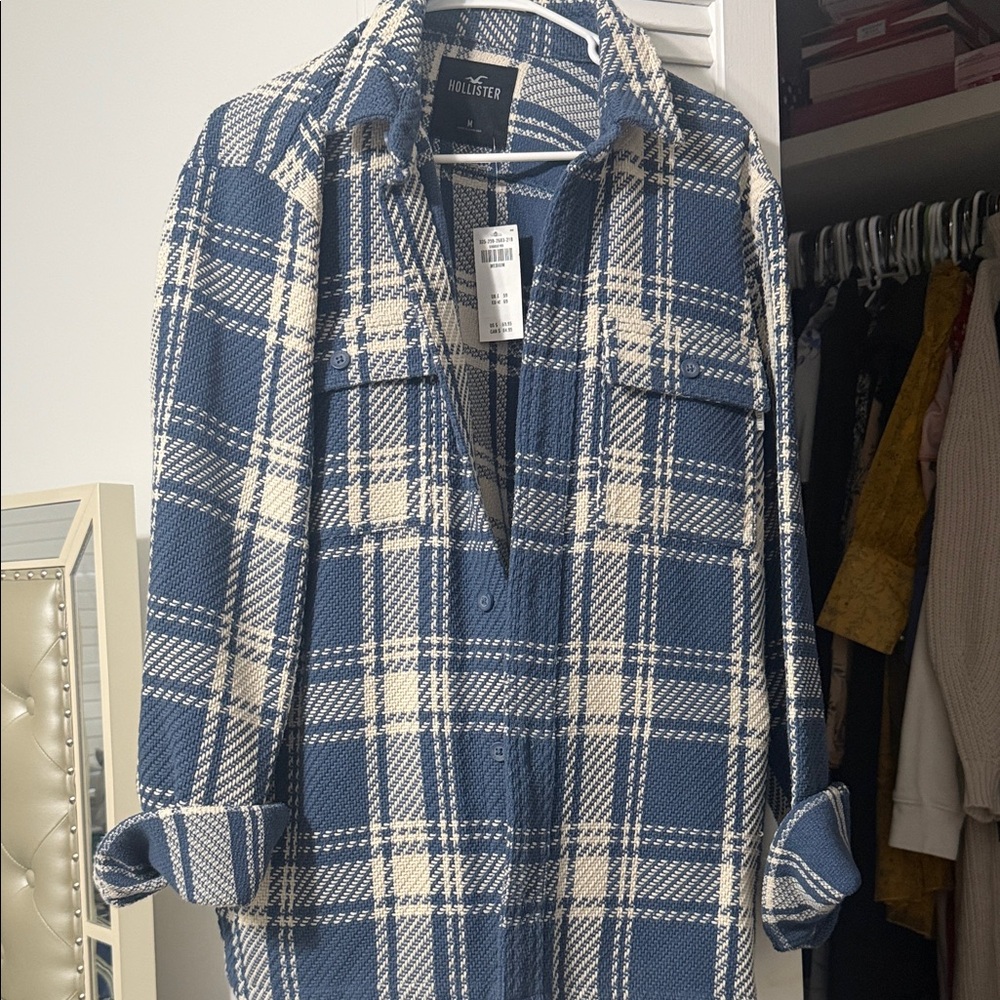 Hollister Navy and Cream Checkered jacket/shirt size medium